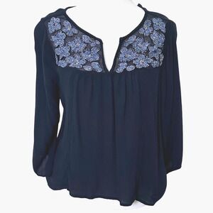 Abercrombie & Fitch Navy Blue Floral Embroidered Beaded Mesh Yoke Blouse Small